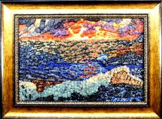 Zachód słońca nad morzem Obraz mozaika z kamieni ozdobnych na płycie laminowanej. Technika własna. Rozmiar: 40x60cm.